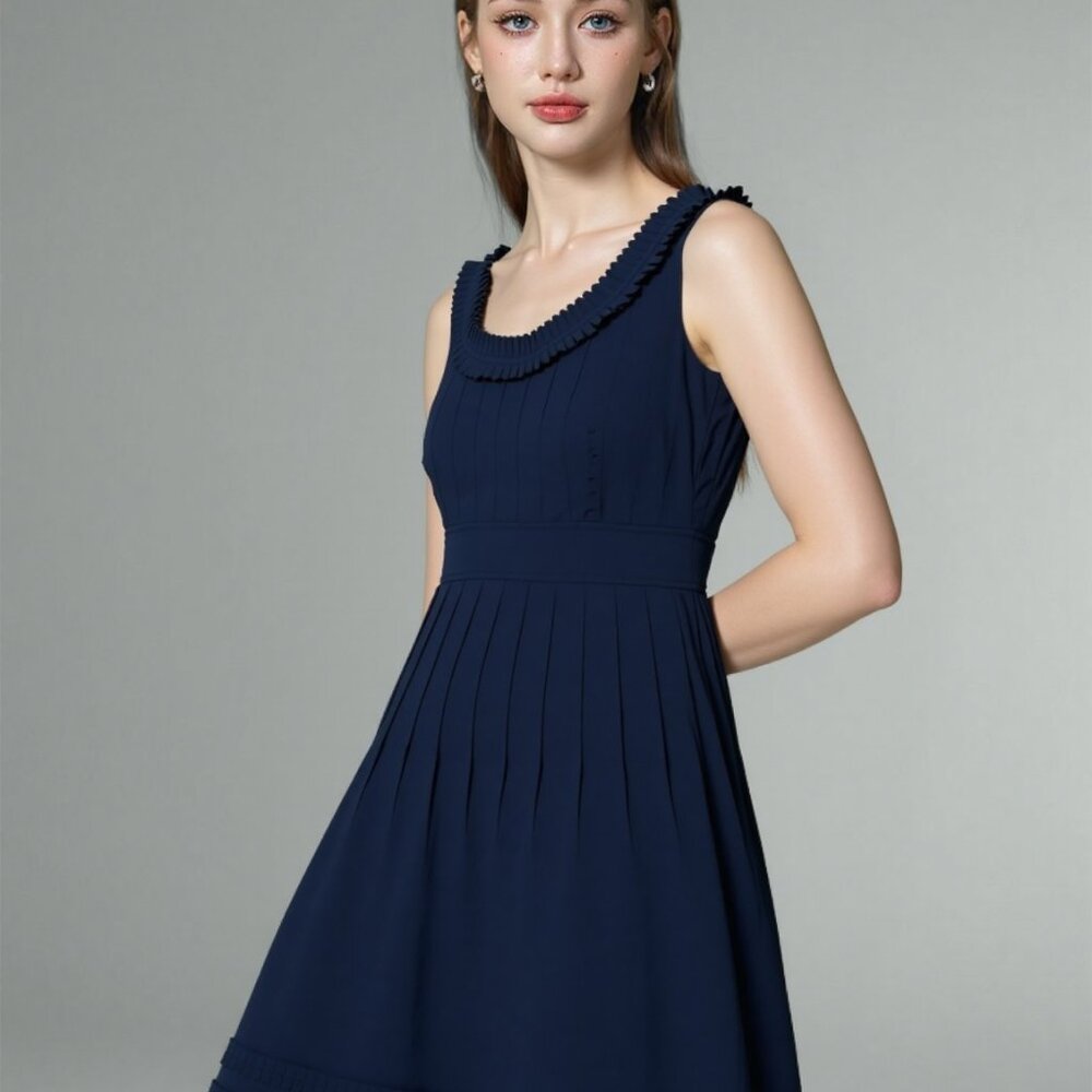 Tory Burch Womens Crew Neck Woven Sleeveless Sheath Dress Navy Blue Sz 12